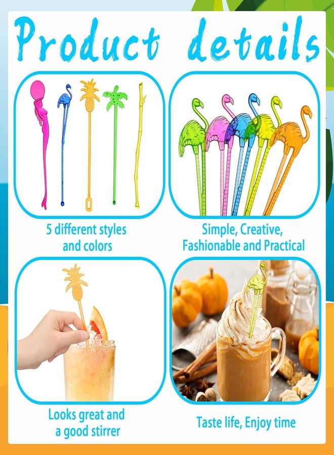 Willinglong 100 Assorted Tropical Swizzle Sticks Bar Cocktail Stirrers Luau Palm Tree Flamingo Fun Reusable Novelty Beverage Cocktail Margarita Tiki Drink Stirring Sticks for Birthday Wedding Party - Image 5